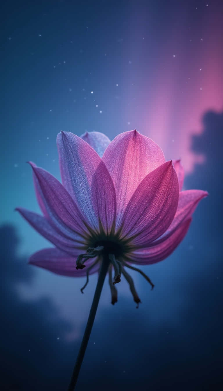 一朵粉紅蓮花在帶有紫色和藍色色調的星空暮色天空下盛開。