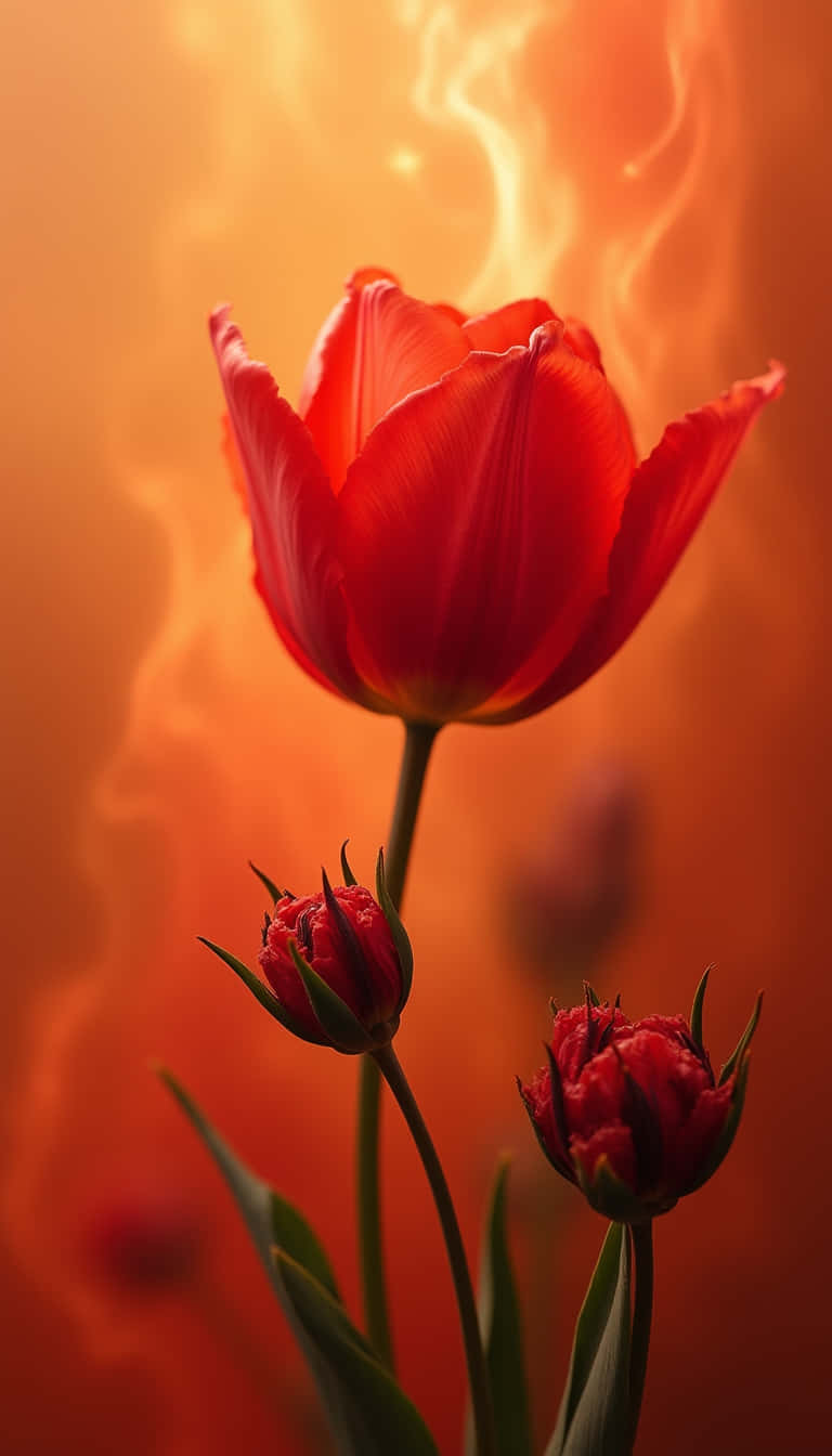 花朵 壁紙 — 一朵紅色鬱金香在熾熱的橙色背景上綻放，伴隨著旋轉的光線和下方的兩個花蕾。