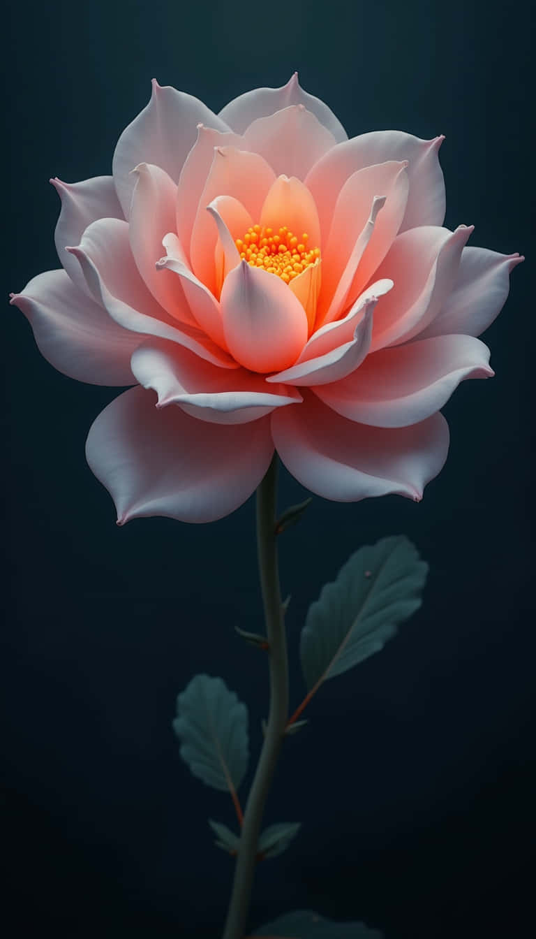 花朵 壁紙 — 一朵蜜桃色玫瑰在深色背景中柔和綻放，花心帶有發光的橙色雄蕊。