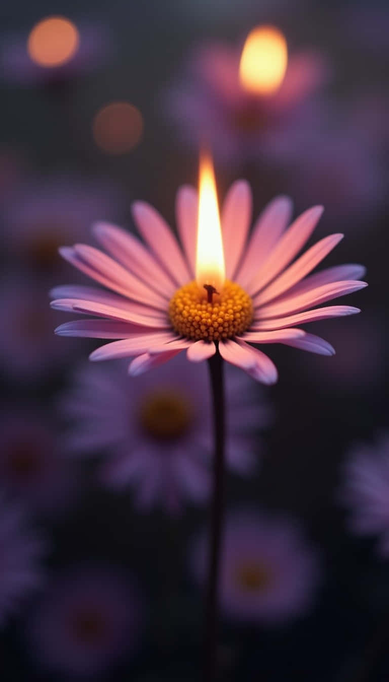 一朵粉紅色的雛菊，中心有蠟燭火焰，在模糊的田野中柔和地發光。