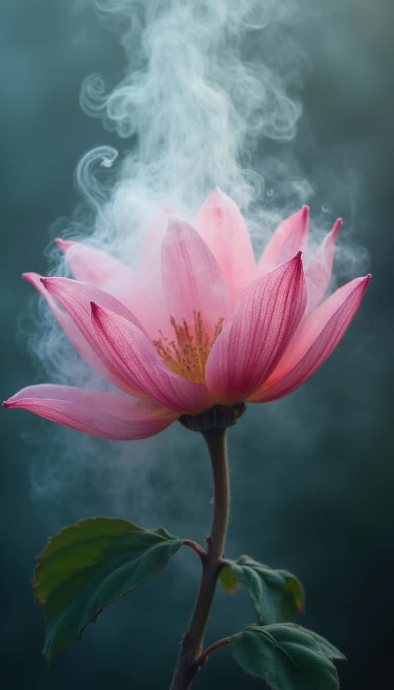深藍綠色背景上，粉紅蓮花的花瓣升起煙霧