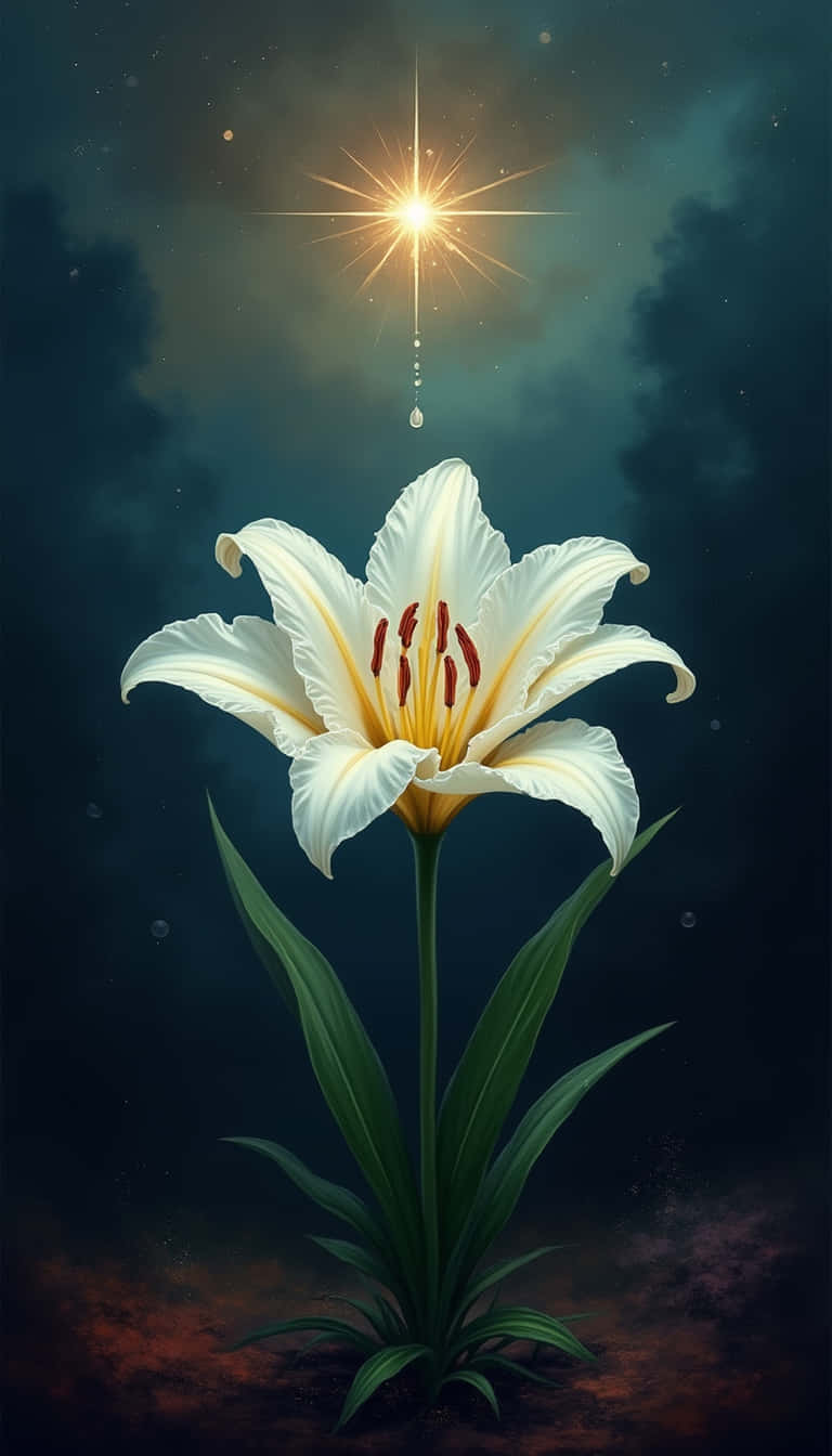 花朵 壁紙 — 一朵發光的白色百合花在璀璨的星星下綻放，一顆發光的液滴從其中心落下，映襯著黑暗的宇宙天空。