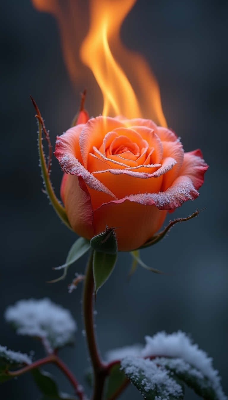 花朵 壁紙 — 一朵充滿活力的橙色玫瑰覆蓋著霜，在黑暗背景下燃燒著明亮的火焰。