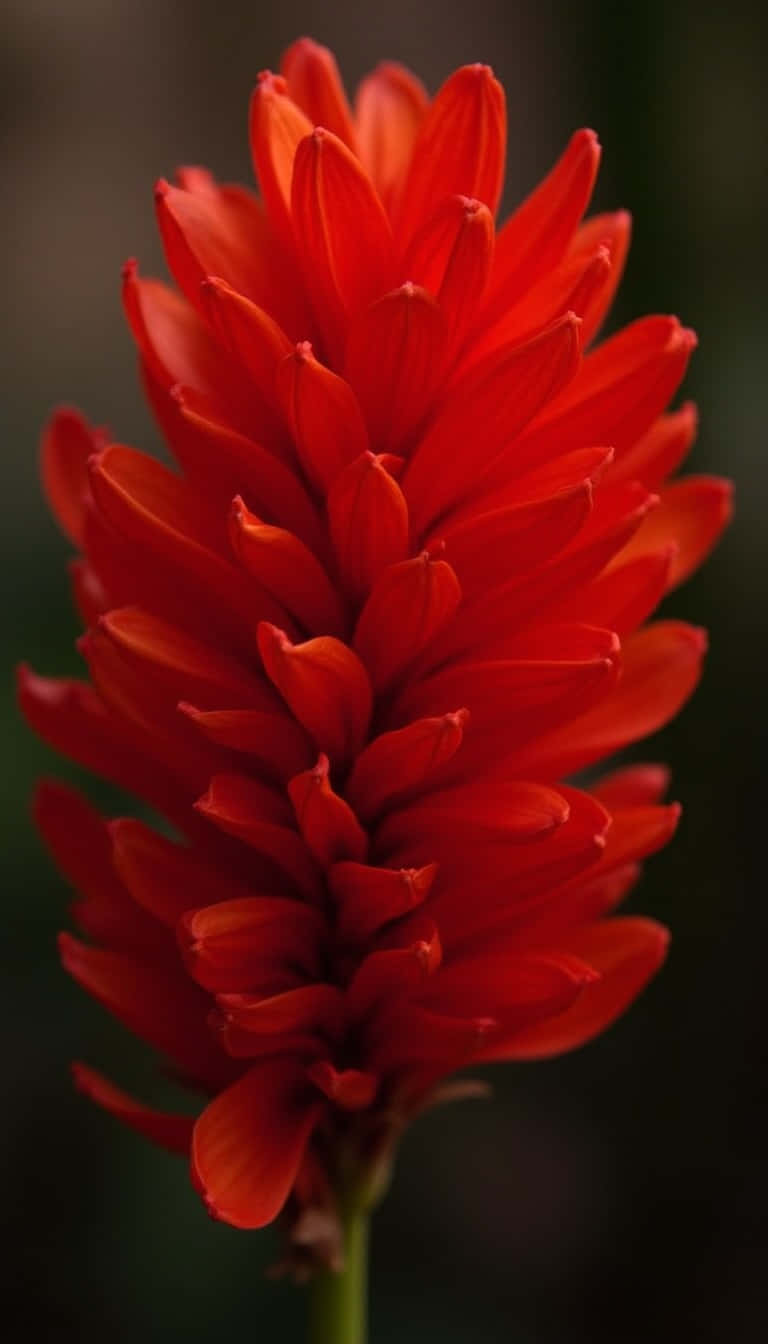 一朵鮮紅色、花瓣層層疊疊的花朵特寫，背景為深色。
