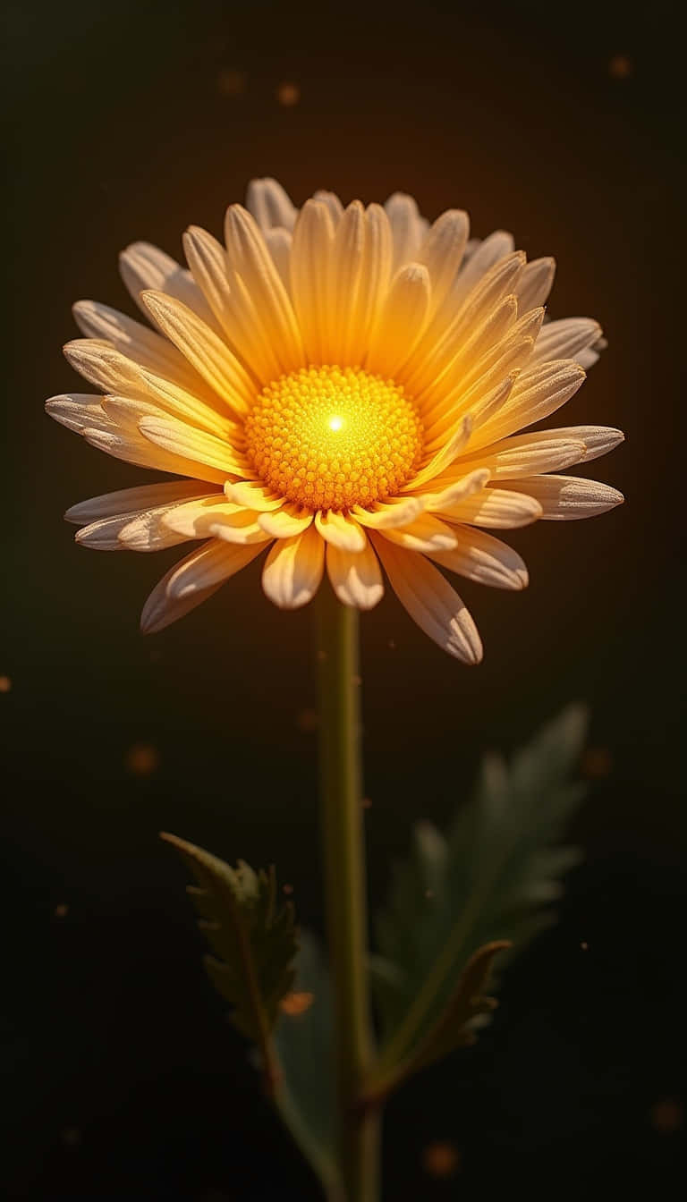 一朵發光的黃色雛菊，帶有金色花心和漂浮粒子，背景黑暗