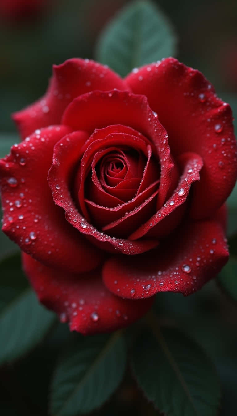 一朵紅玫瑰，花瓣上有水珠，被綠葉環繞。