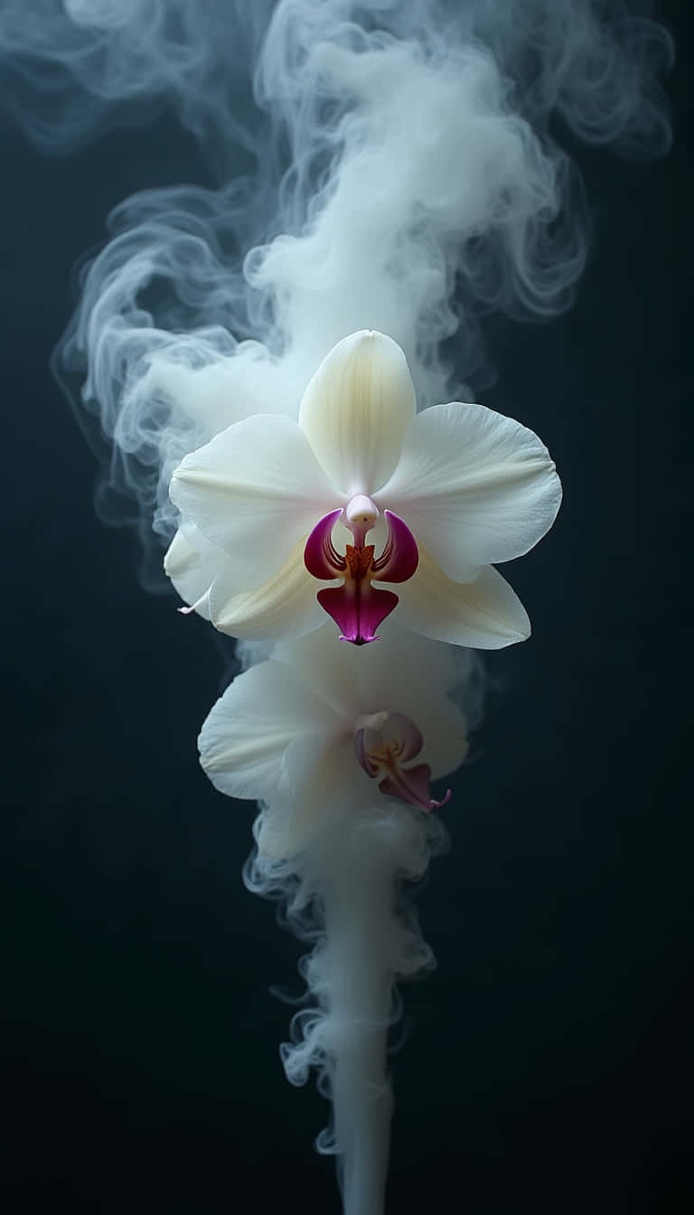 深色背景下，被旋轉煙霧包圍的白色蘭花，帶有洋紅色中心