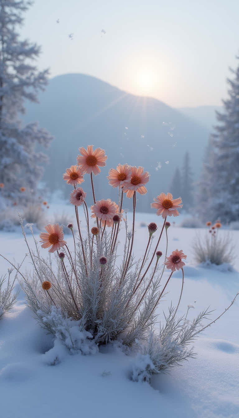 花朵 壁紙 — 粉紅花朵在初雪中頑強綻放，陽光穿透雪山和松樹照射下來。