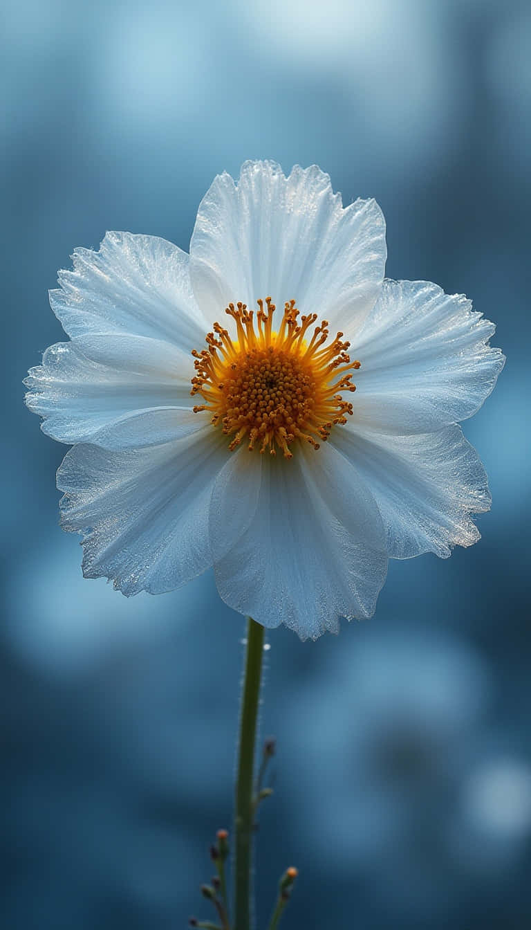 一朵白色花朵，黃色花蕊，綠色莖幹，襯以藍色背景