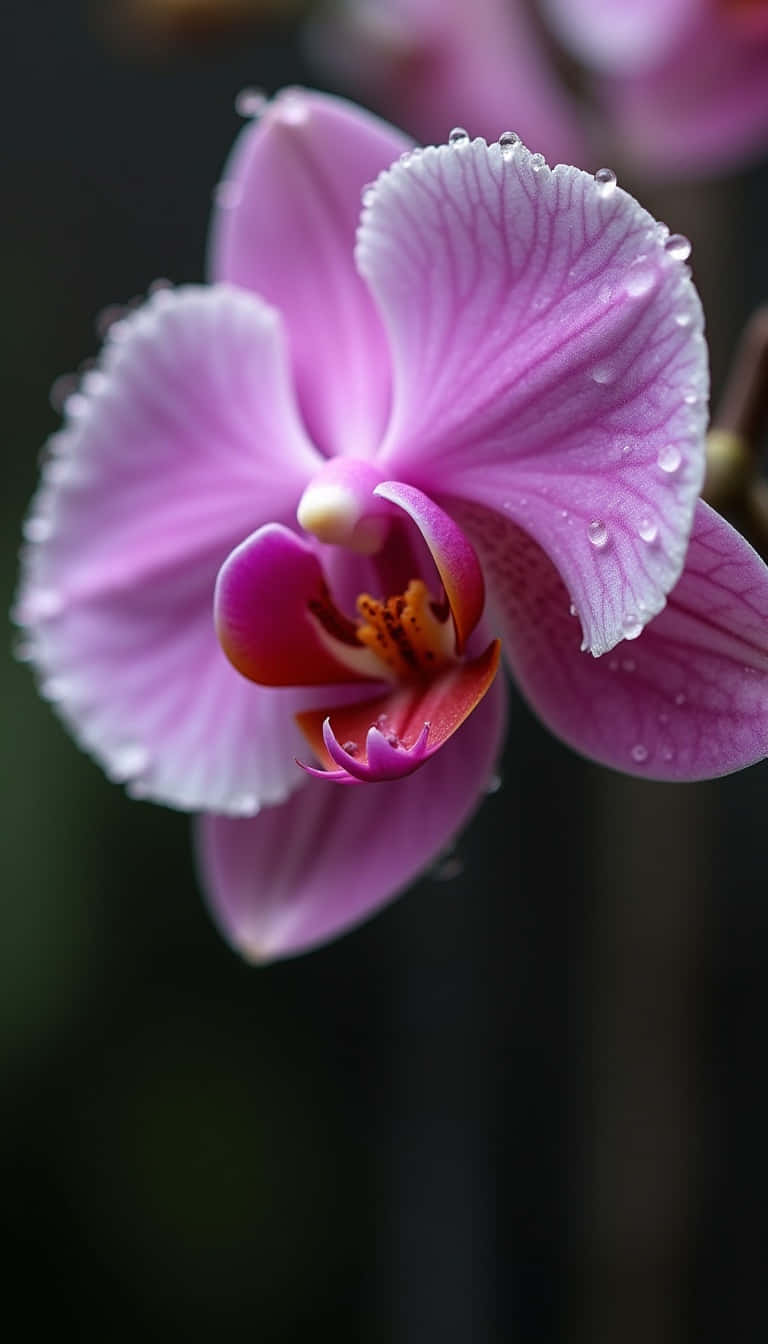 一朵粉紅色蘭花，花瓣上有水滴，柔焦效果。
