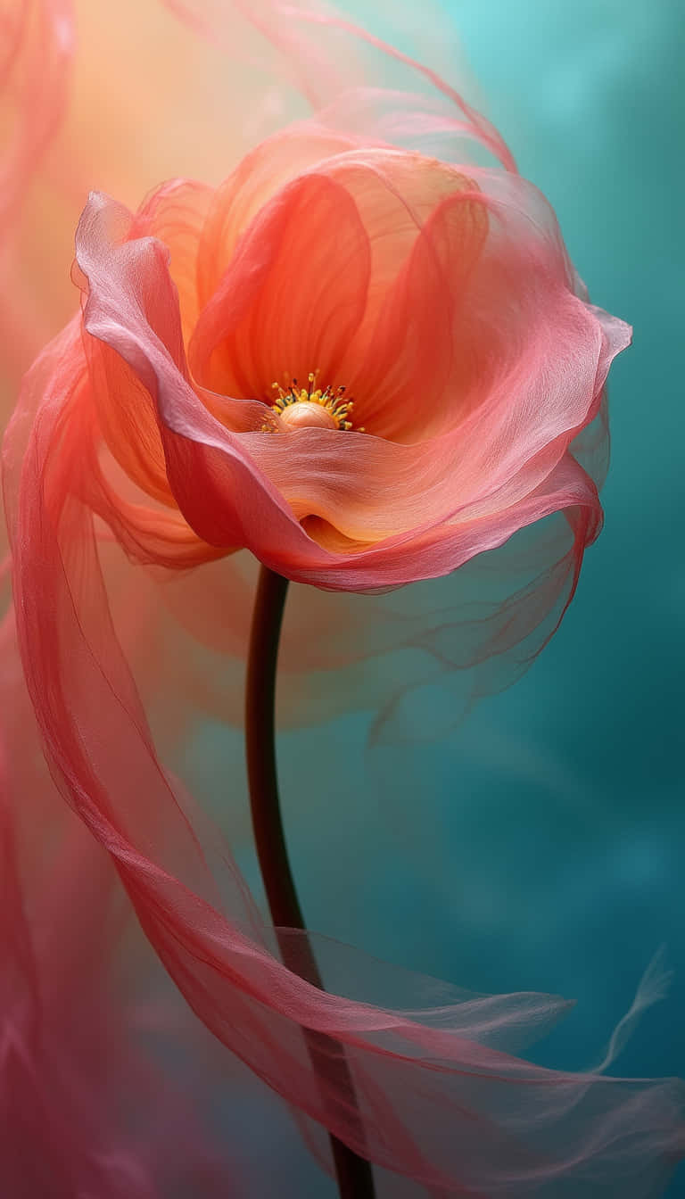 花朵 壁紙 — 一朵精緻的珊瑚花，帶有半透明的花瓣，在柔和的青綠色漸變背景上綻放。