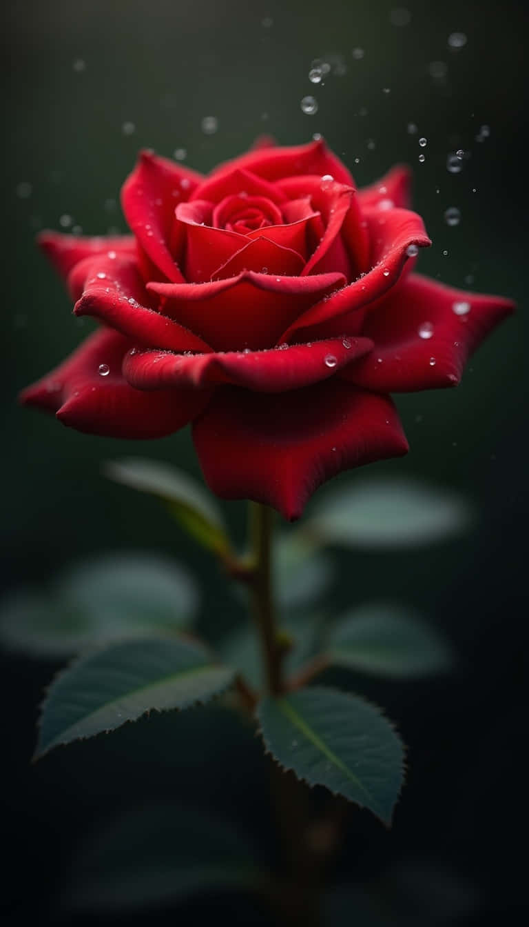 一朵紅玫瑰，花瓣和葉子上有水珠，背景為深色。