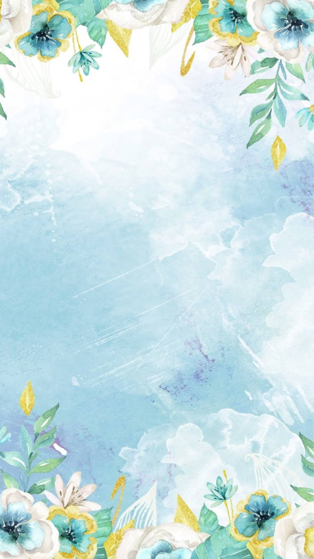 水彩花卉邊框，藍色、白色和黃色的花朵在柔和天空背景上。