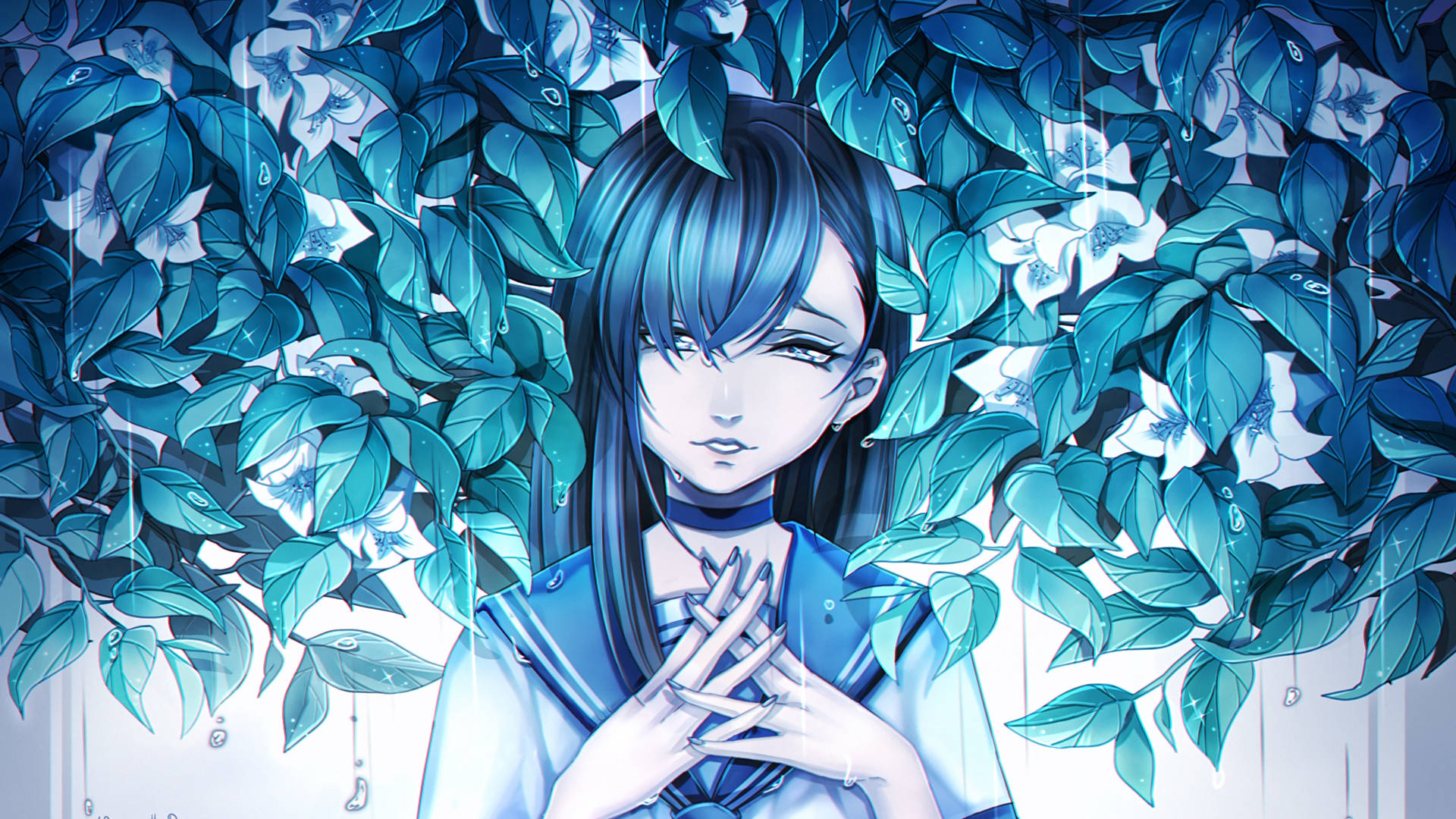 藍髮動漫少女穿著校服，被雨水浸濕的樹葉環繞。