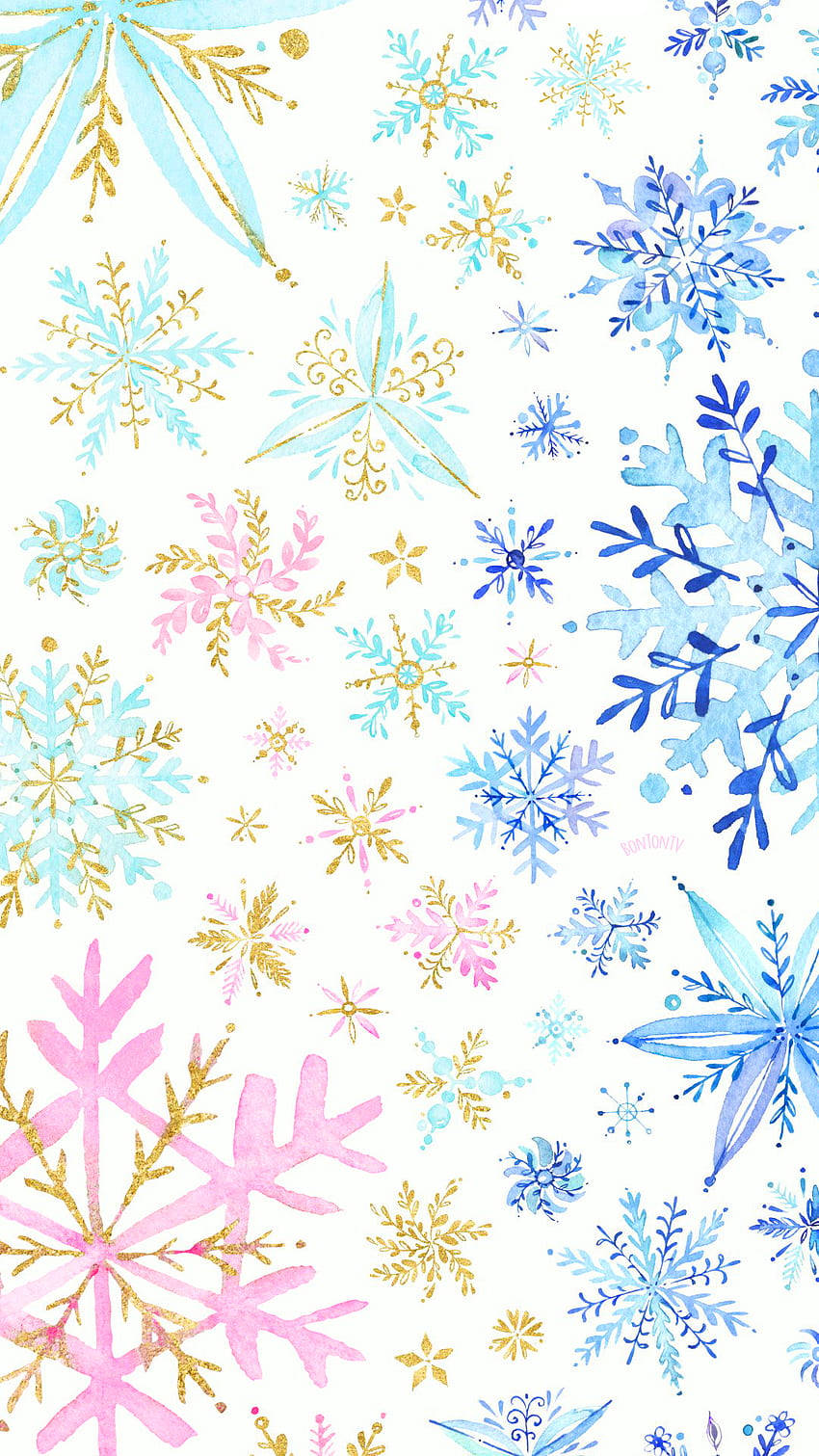 白色背景上的水彩藍色、粉紅色和金色雪花。