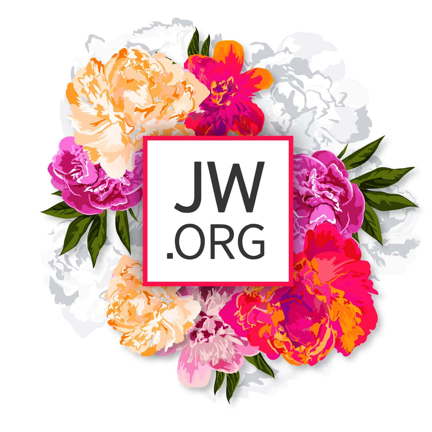 色彩繽紛嘅牡丹花圍住紅色邊框嘅JW.ORG標誌。