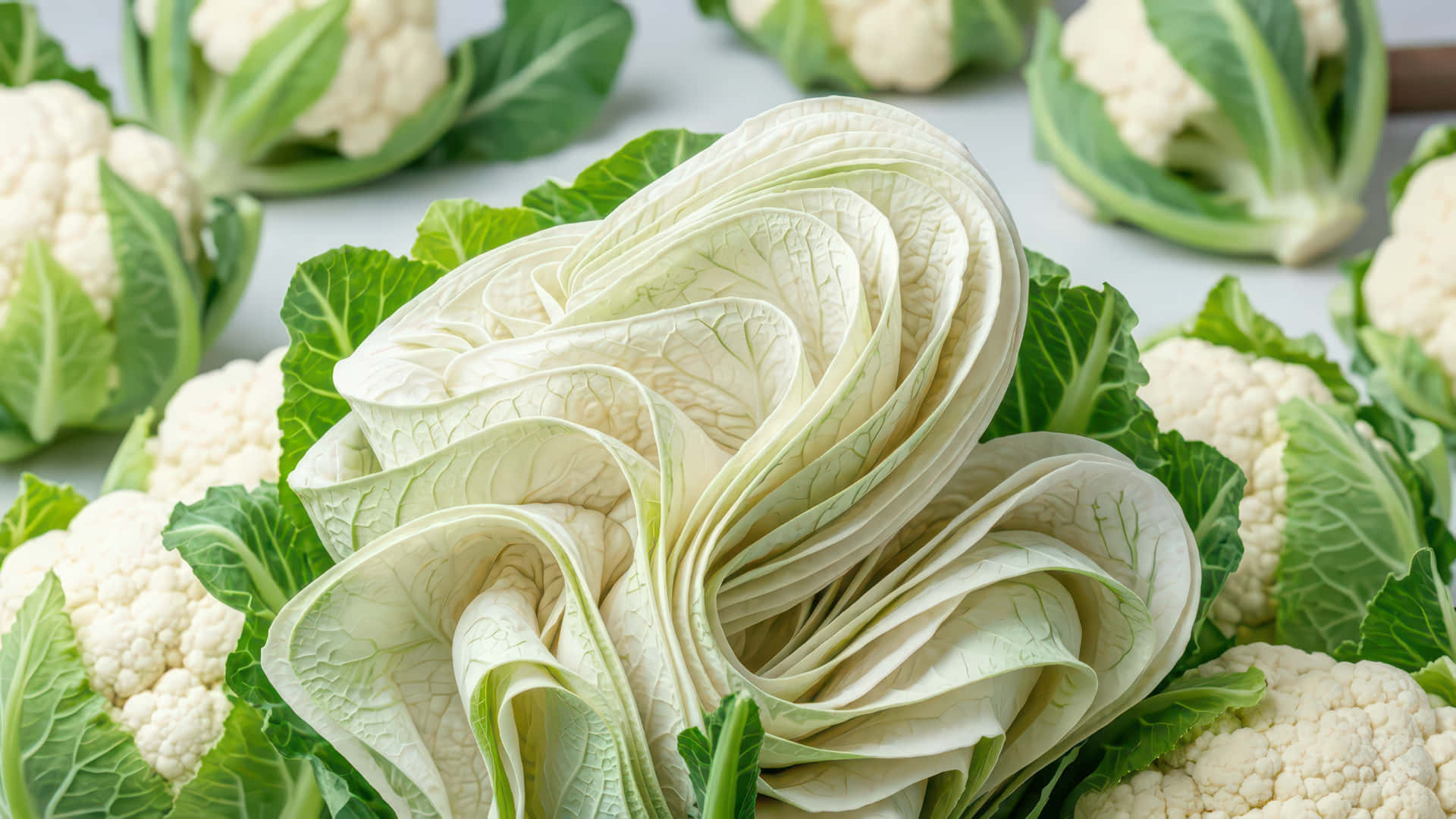 花椰菜盛開模組化桌面壁紙增強版 壁紙 — 新鮮椰菜花頭部特寫，帶有奶油白色小花和鮮綠色葉子，排列在淺色表面上。