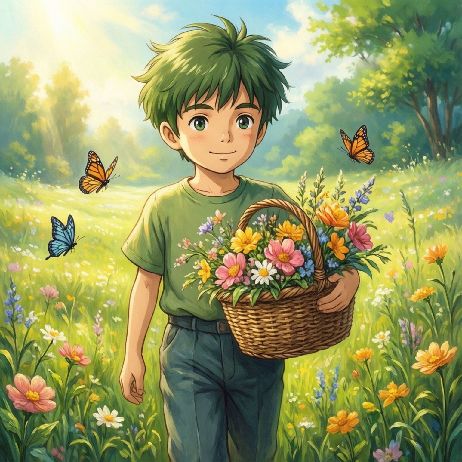 一位綠髮動漫少年走過開滿鮮花和蝴蝶飛舞的草地。