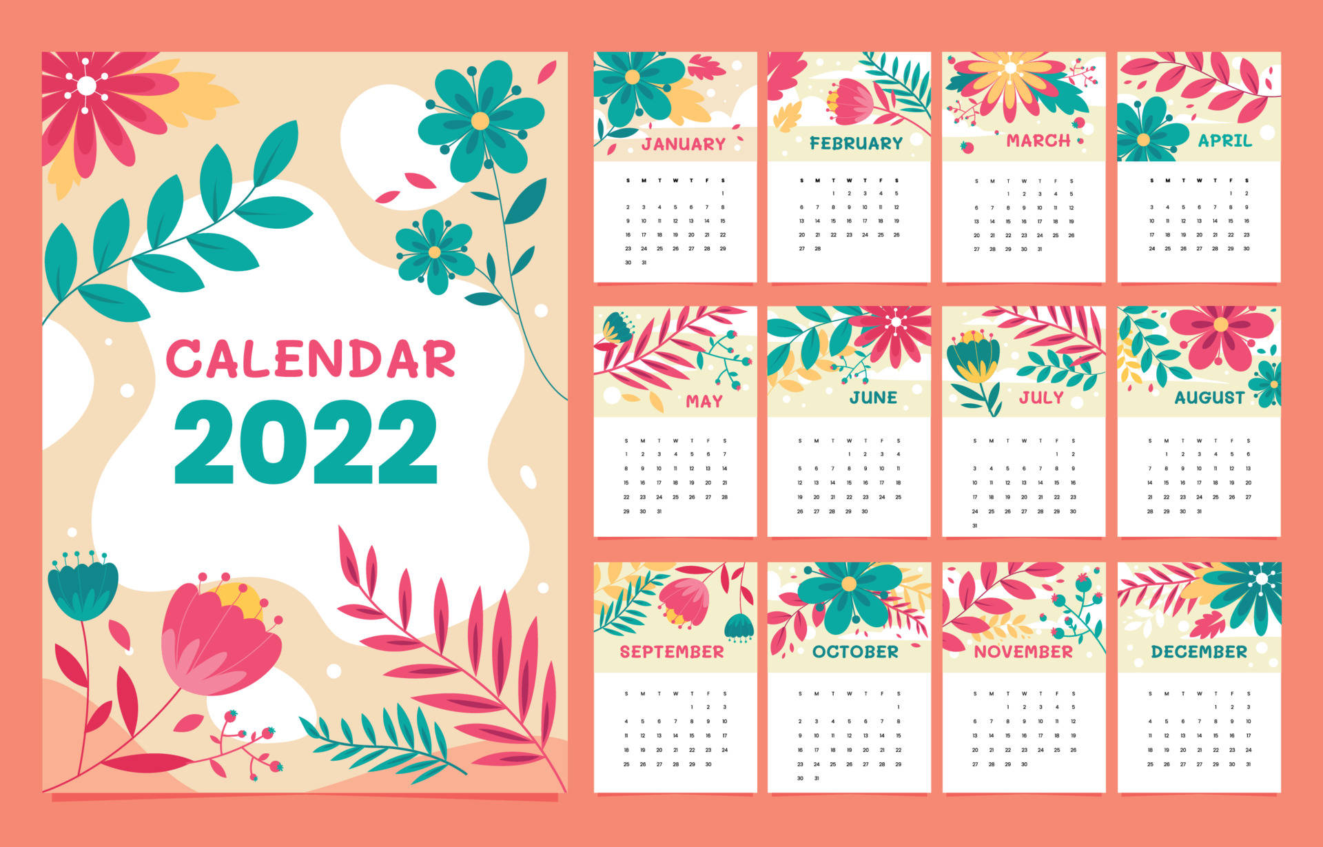 花漾2022日曆 壁紙 — 2022 年月曆，帶有粉紅色、藍綠色和黃色的花卉插圖，背景為珊瑚色。