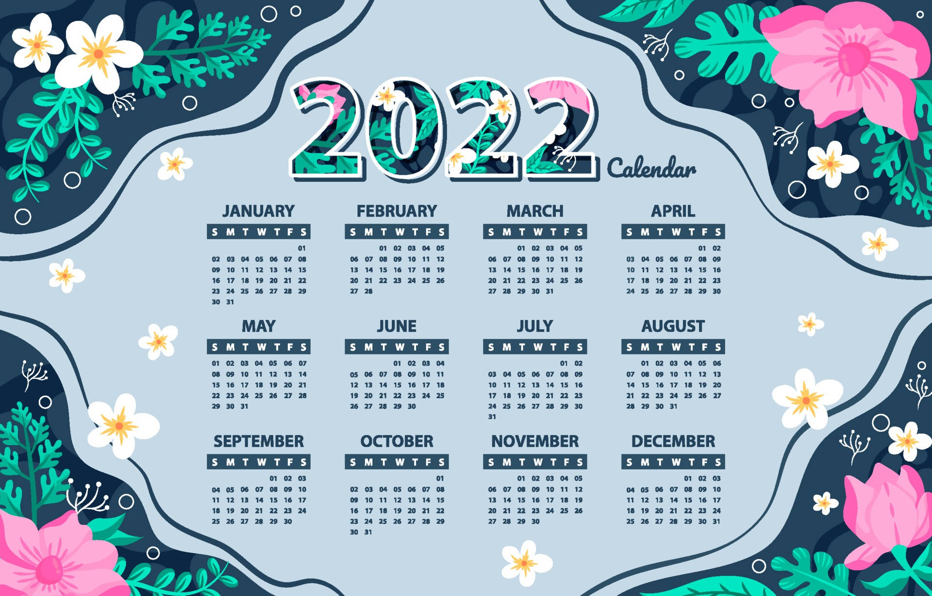 花漾2022日曆 壁紙 — 2022年年曆，帶有花卉插圖和柔和色彩，背景為淺藍色。