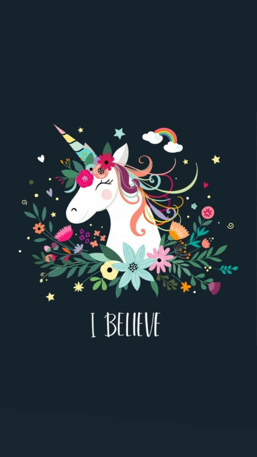 色彩繽紛的獨角獸被花朵和星星環繞，並帶有文字 I BELIEVE。