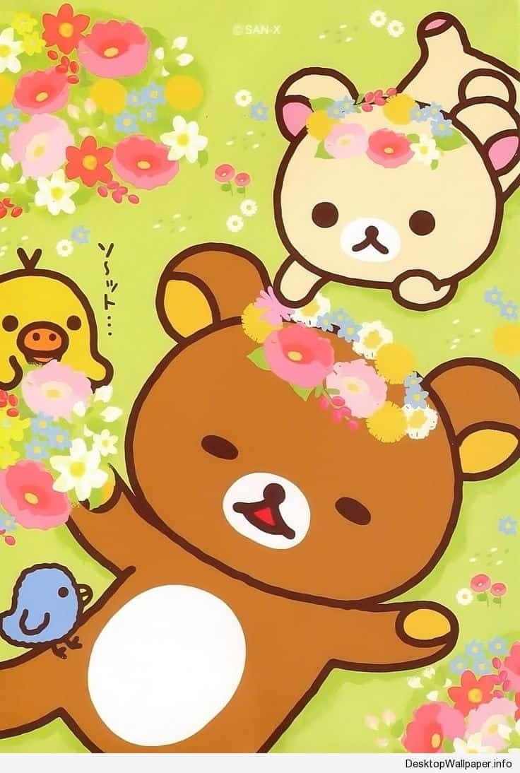 卡通熊和朋友們在春天花園中戴著花冠。