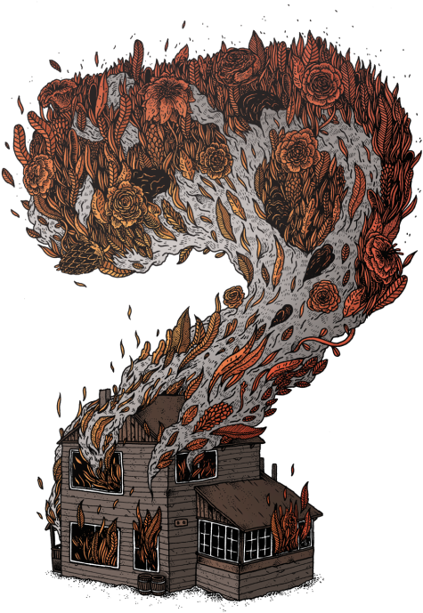 花火屋插畫 壁紙 — 一間燃燒中的房子噴出一股旋轉的橙灰色煙霧，形成一個充滿玫瑰和小麥的心形。