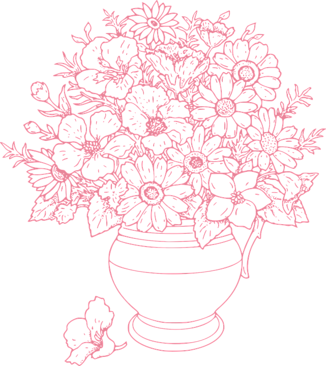 花瓶中的花卉素描 壁紙 — 一個充滿活力的粉紅色線條藝術花束，包含雛菊和葉子，插在花瓶裡，背景是純黑色。