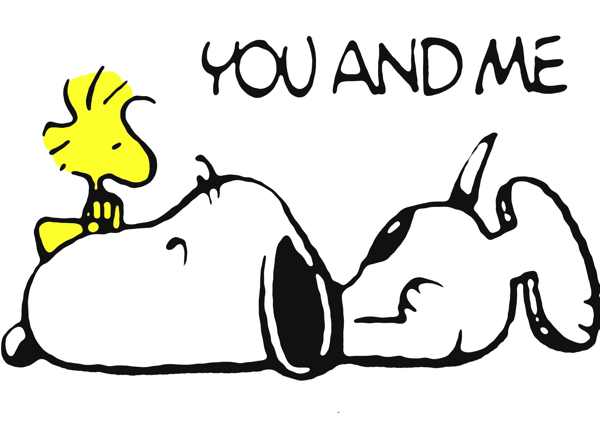 黃色小鳥 Woodstock 坐在睡覺的狗 Snoopy 身上，附有文字 YOU AND ME