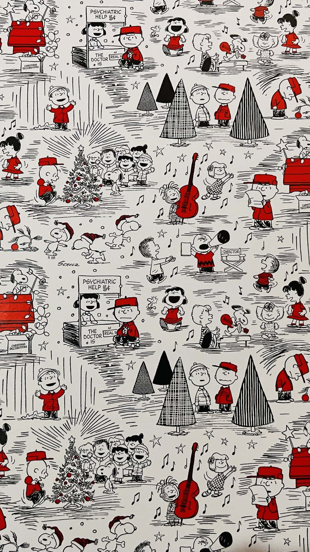 Peanuts 角色在節日圖案中慶祝聖誕節，有樹木、音樂和紅色帽子。