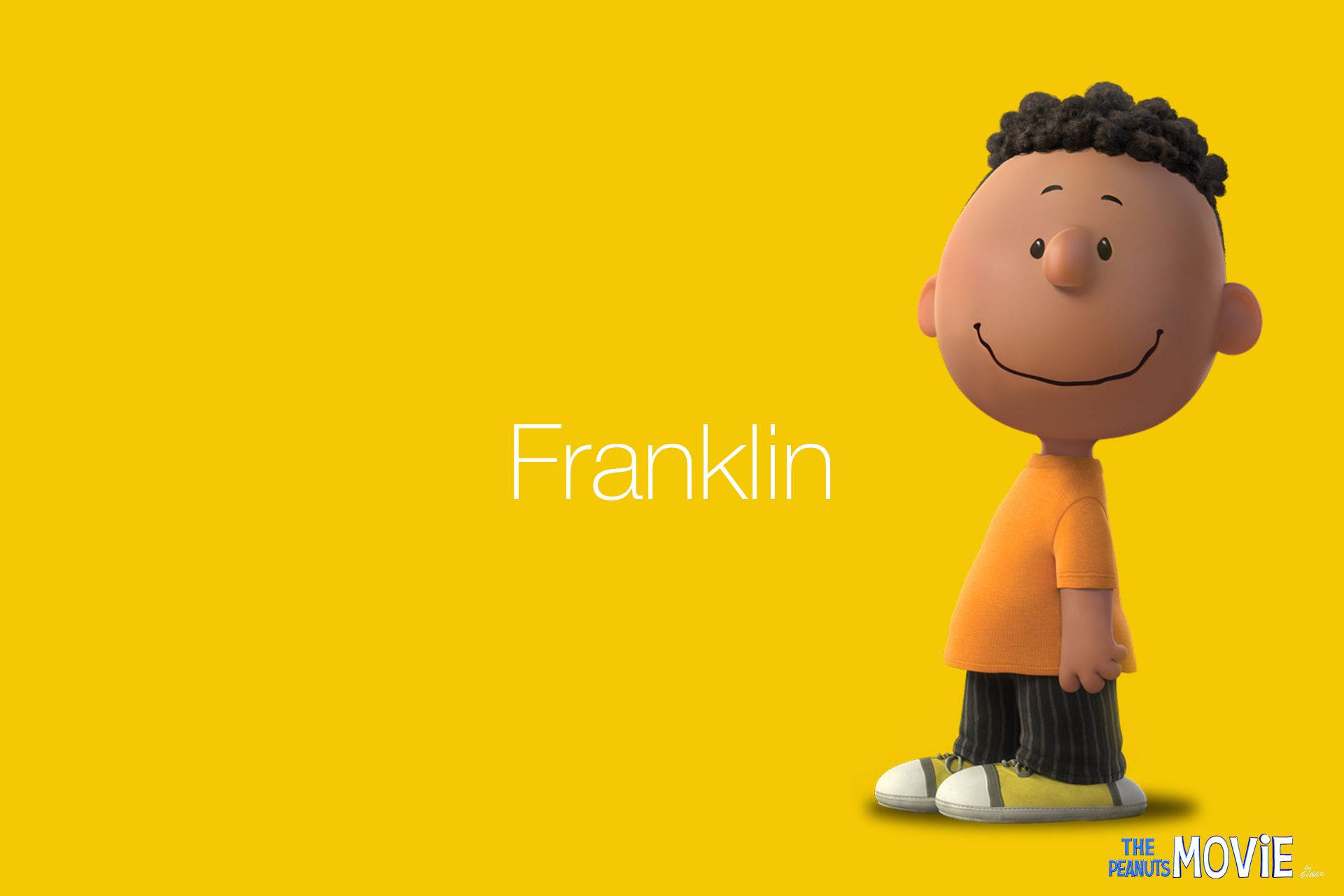 《花生漫畫大電影》中的卡通角色 Franklin，穿著橙色襯衫，在黃色背景前微笑。