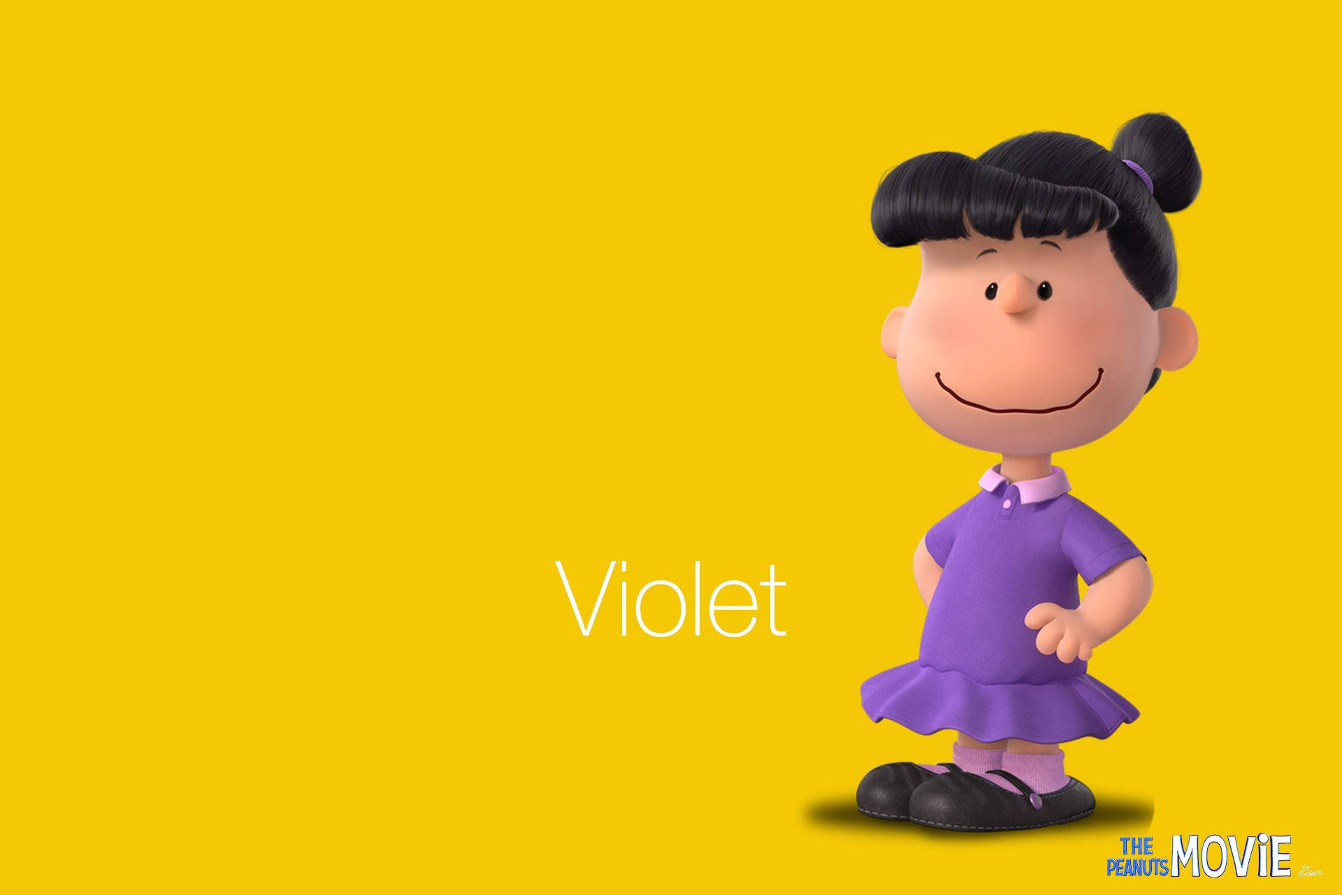 《The Peanuts Movie》中的Violet穿著紫色連衣裙，站在黃色背景前。