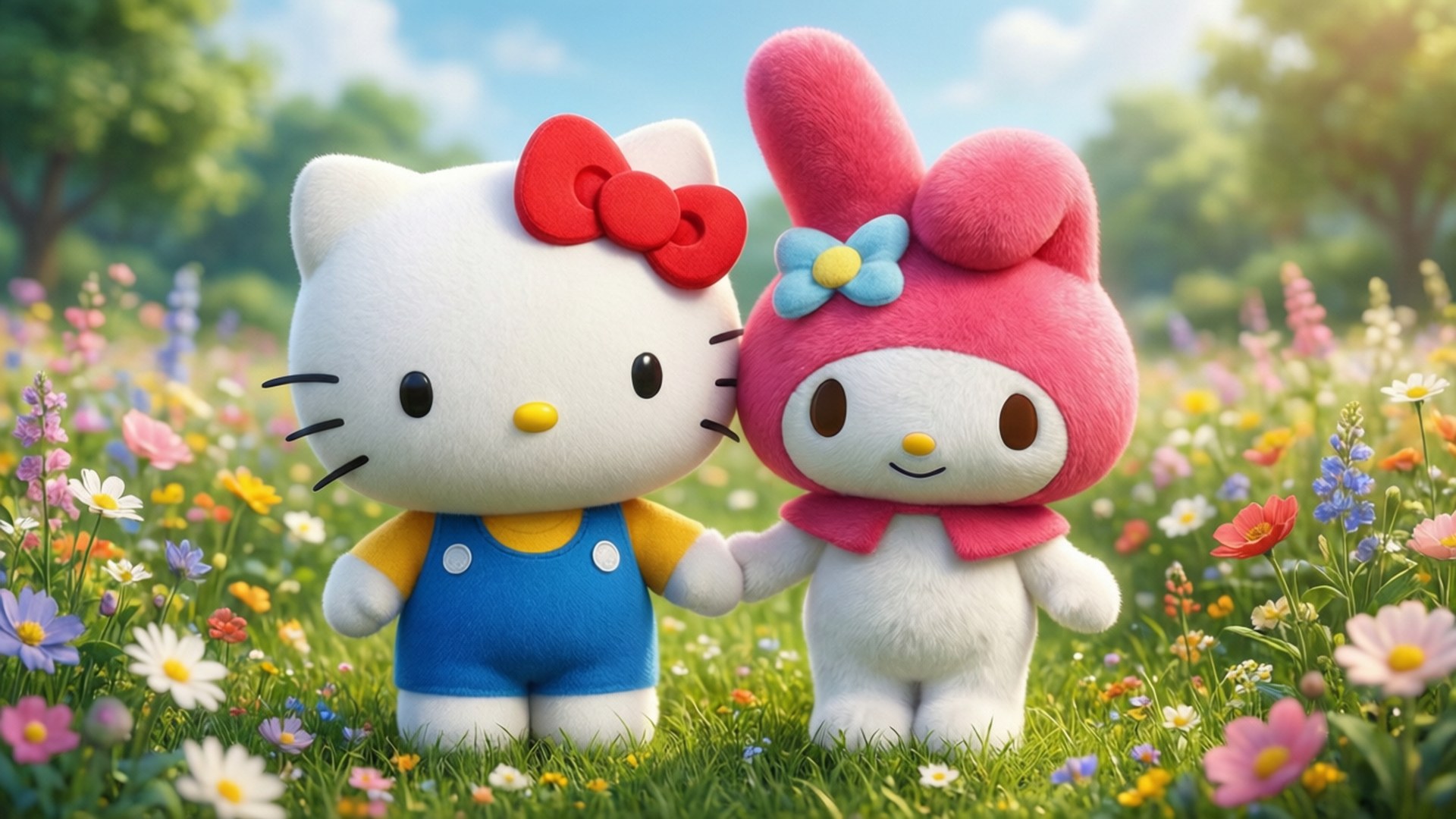 Hello Kitty 和 My Melody 站在一片色彩繽紛的花田中手牽手。