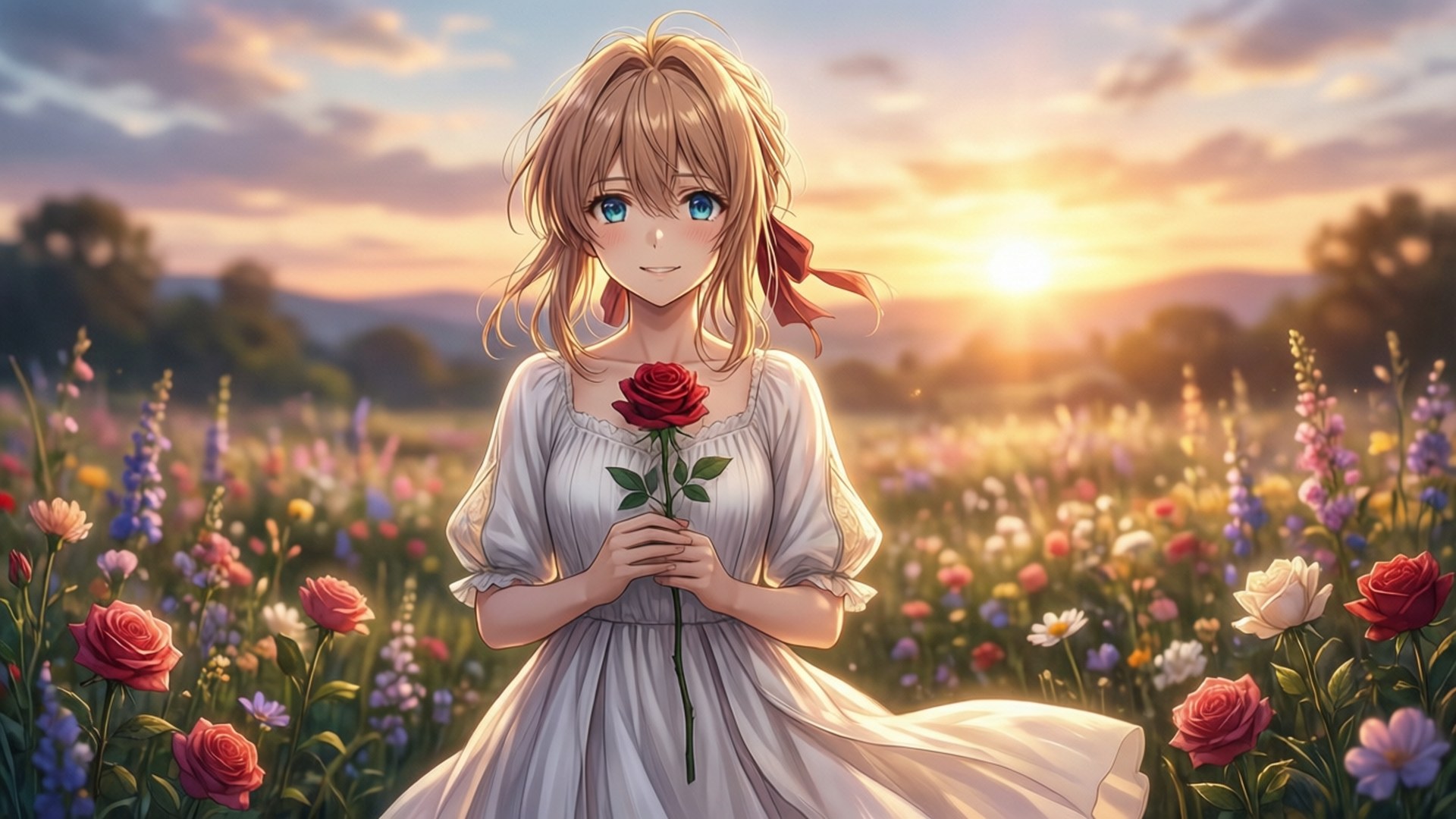 花田夕照 壁紙 — 一位微笑的金髮動漫女孩在日落時分的陽光普照的田野中，手持一朵紅玫瑰，周圍是色彩繽紛的野花。