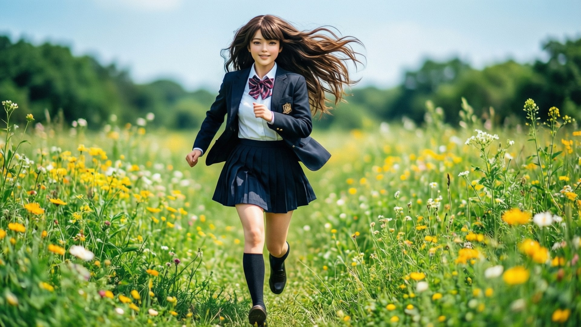 花田奔跑 壁紙 — 一個微笑的女孩穿著校服，在陽光明媚的野花田裡快樂地奔跑。