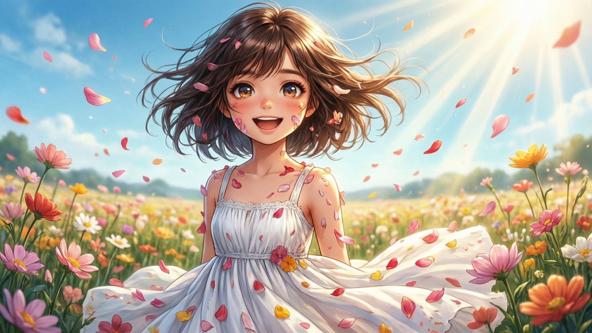 花田微笑 壁紙 — 一個快樂的動漫女孩，棕色頭髮，穿著白色連衣裙，在陽光明媚、色彩繽紛的花田中大笑，花瓣在她周圍旋轉。