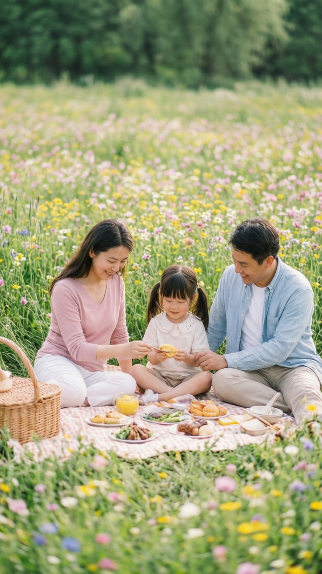 一家人在色彩繽紛的野花田間野餐，享受美食和彼此陪伴。