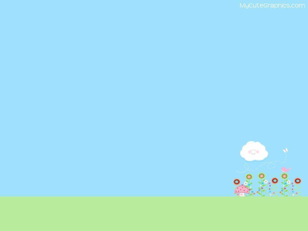 花田雲朵背景可愛桌面壁紙 壁紙 — 一個愉快的卡通場景，有微笑的雲朵、花朵和蘑菇屋，在綠色田野上，淺藍色的天空下。