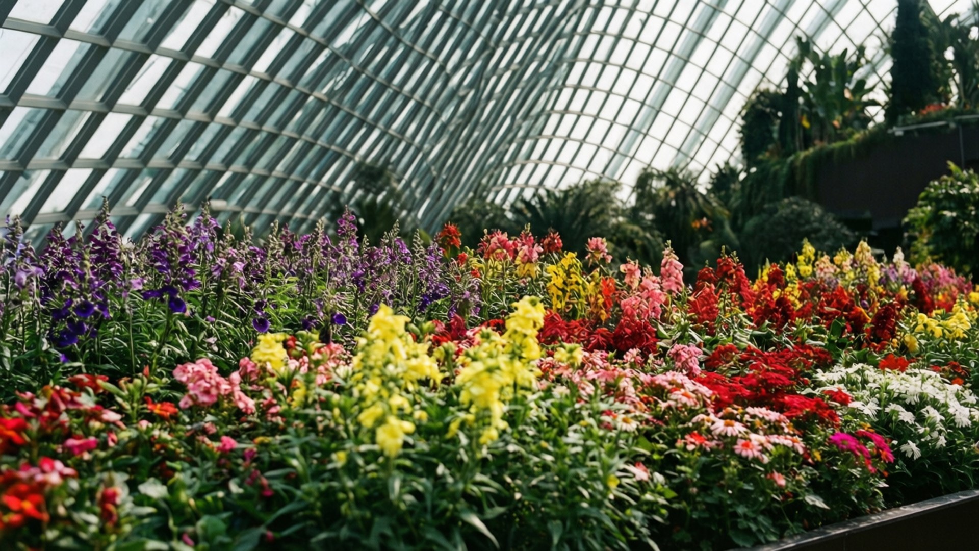 花穹盛景 壁紙 — 紫色、黃色、紅色和白色的鮮豔花行在彎曲的玻璃溫室屋頂下盛開。