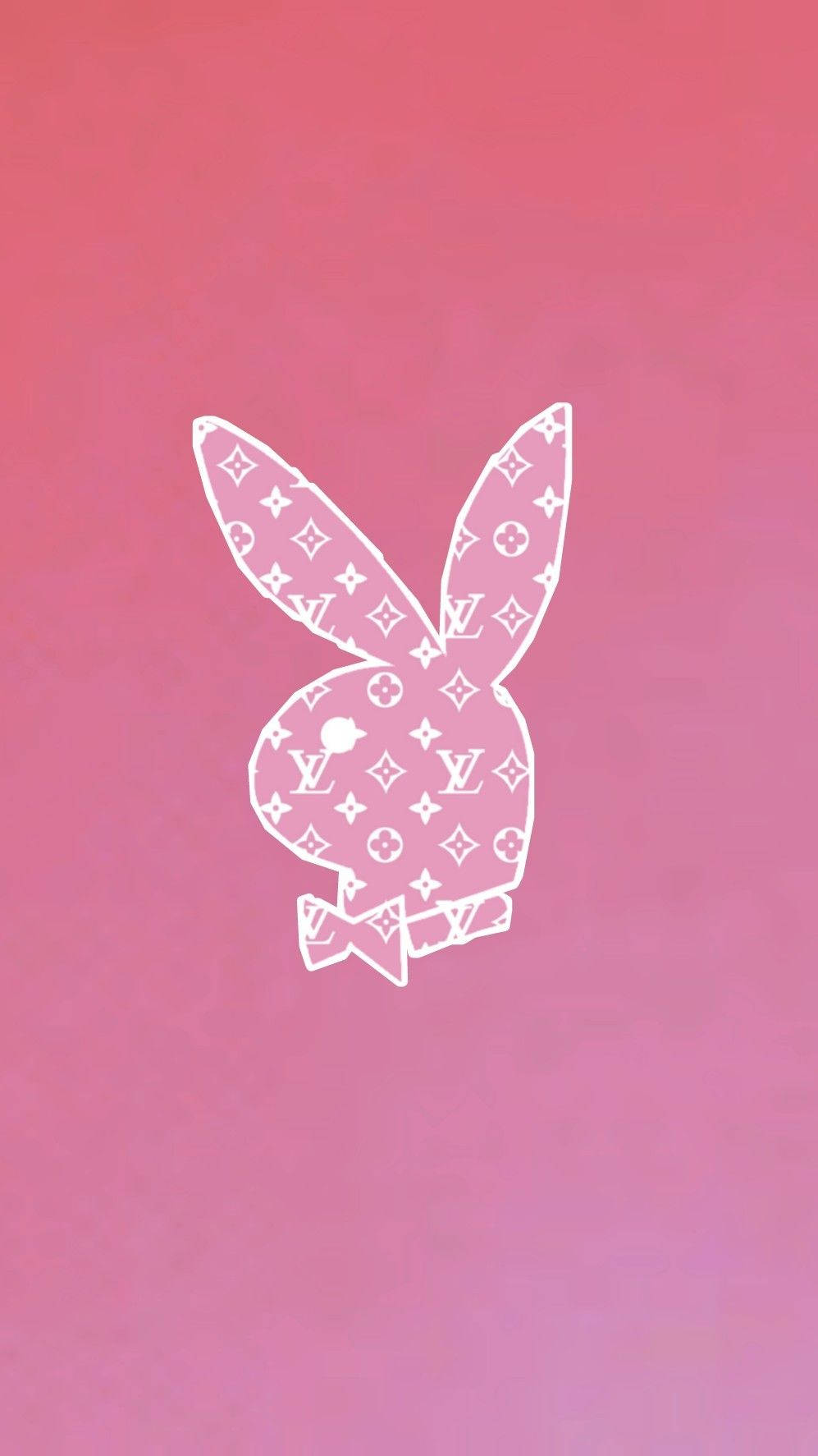 Playboy兔仔標誌配Louis Vuitton圖案，喺粉紅色漸變背景上。