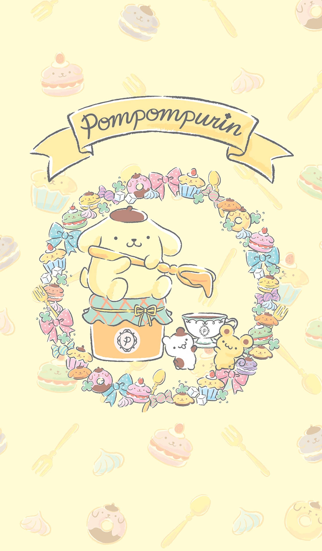 Pompompurin 被甜品和廚房用具圍繞在粉彩背景上。 — 布甸狗 GIF 壁紙