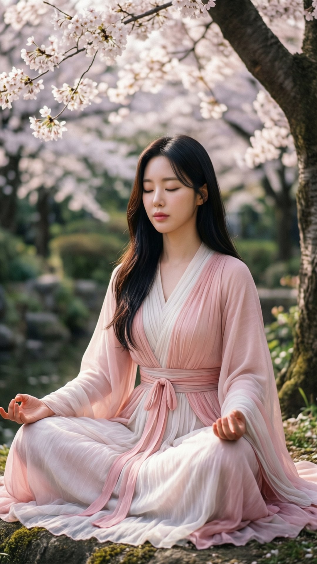 花開靜謐 壁紙 — 一位寧靜的女子身穿飄逸的粉紅色長袍，在寧靜的花園中，盛開的櫻花樹下平靜地冥想。