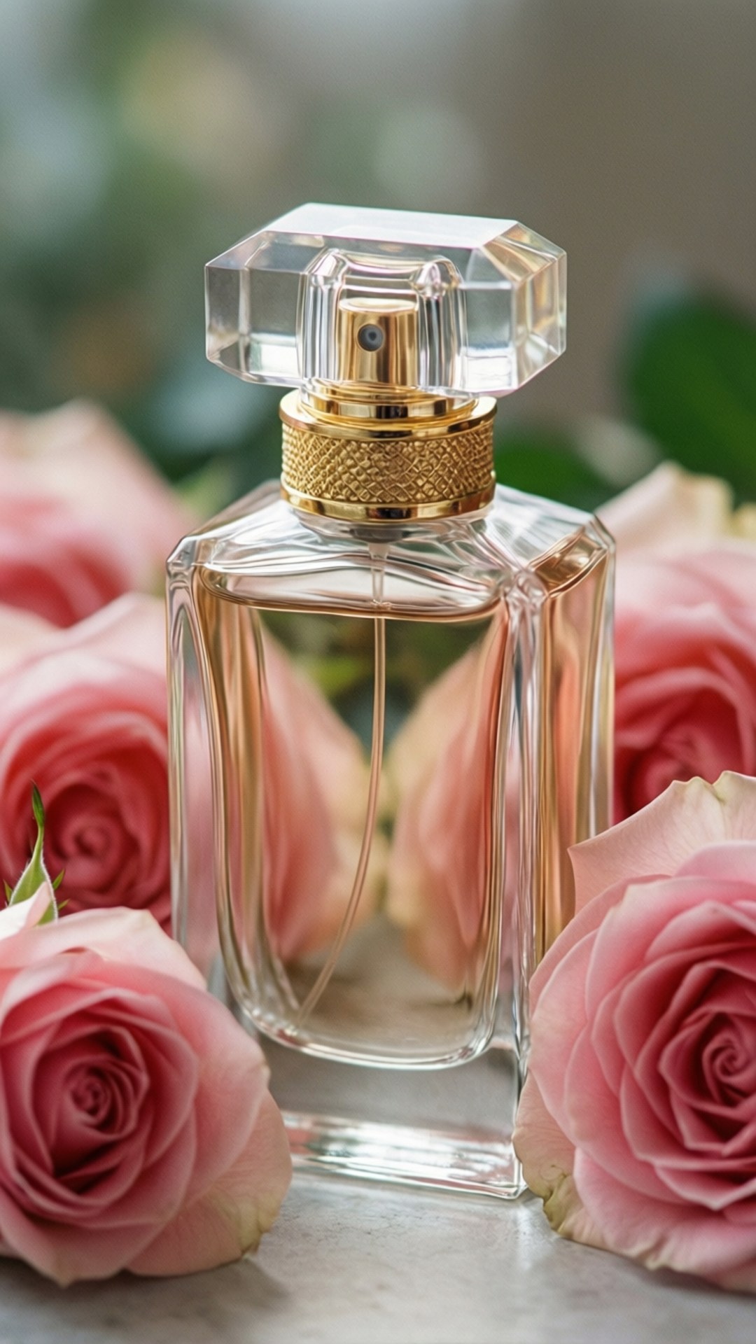 大理石上被粉紅玫瑰環繞的奢華香水瓶。