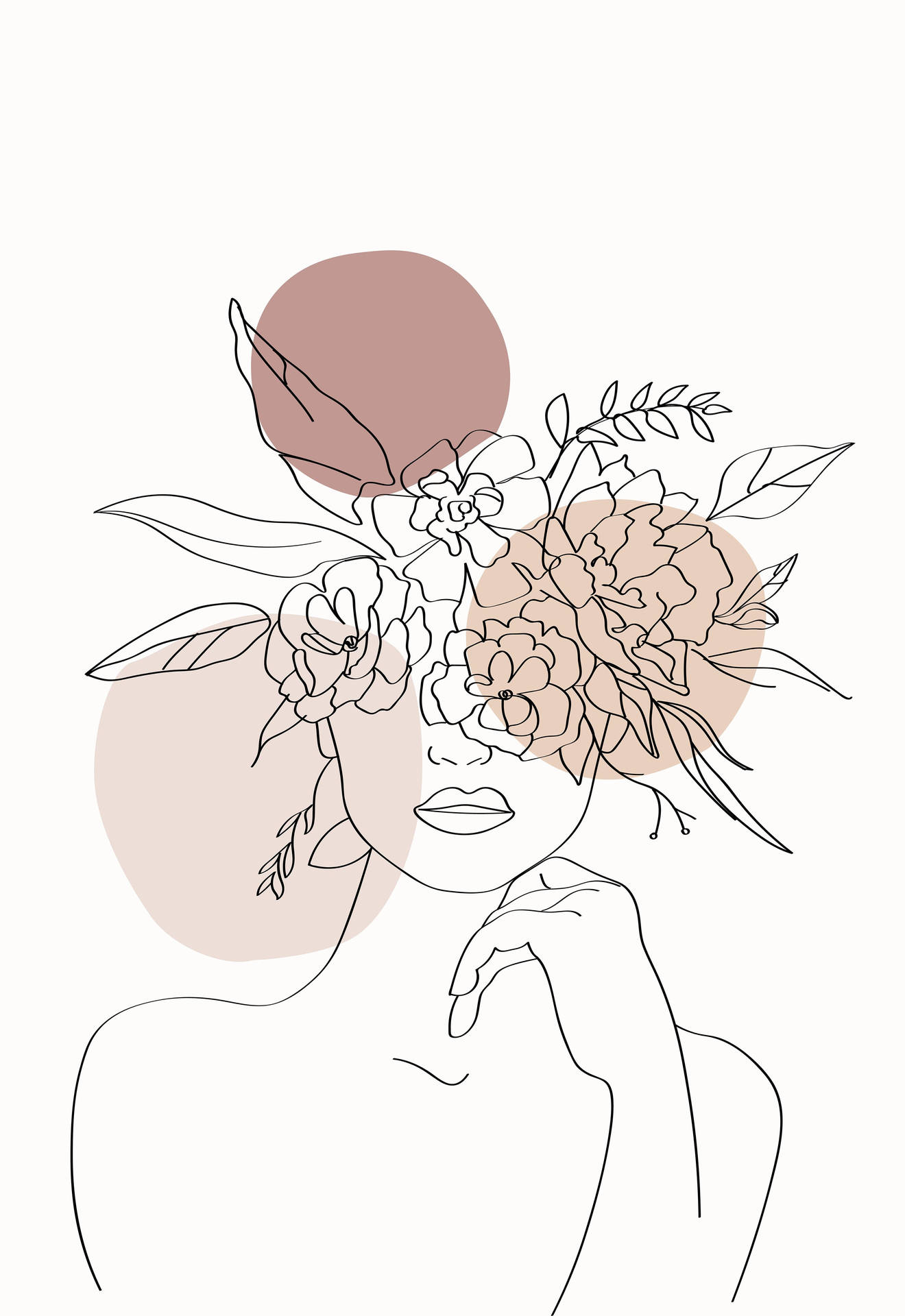 戴花冠的女性，極簡線條藝術，搭配粉彩圓圈。
