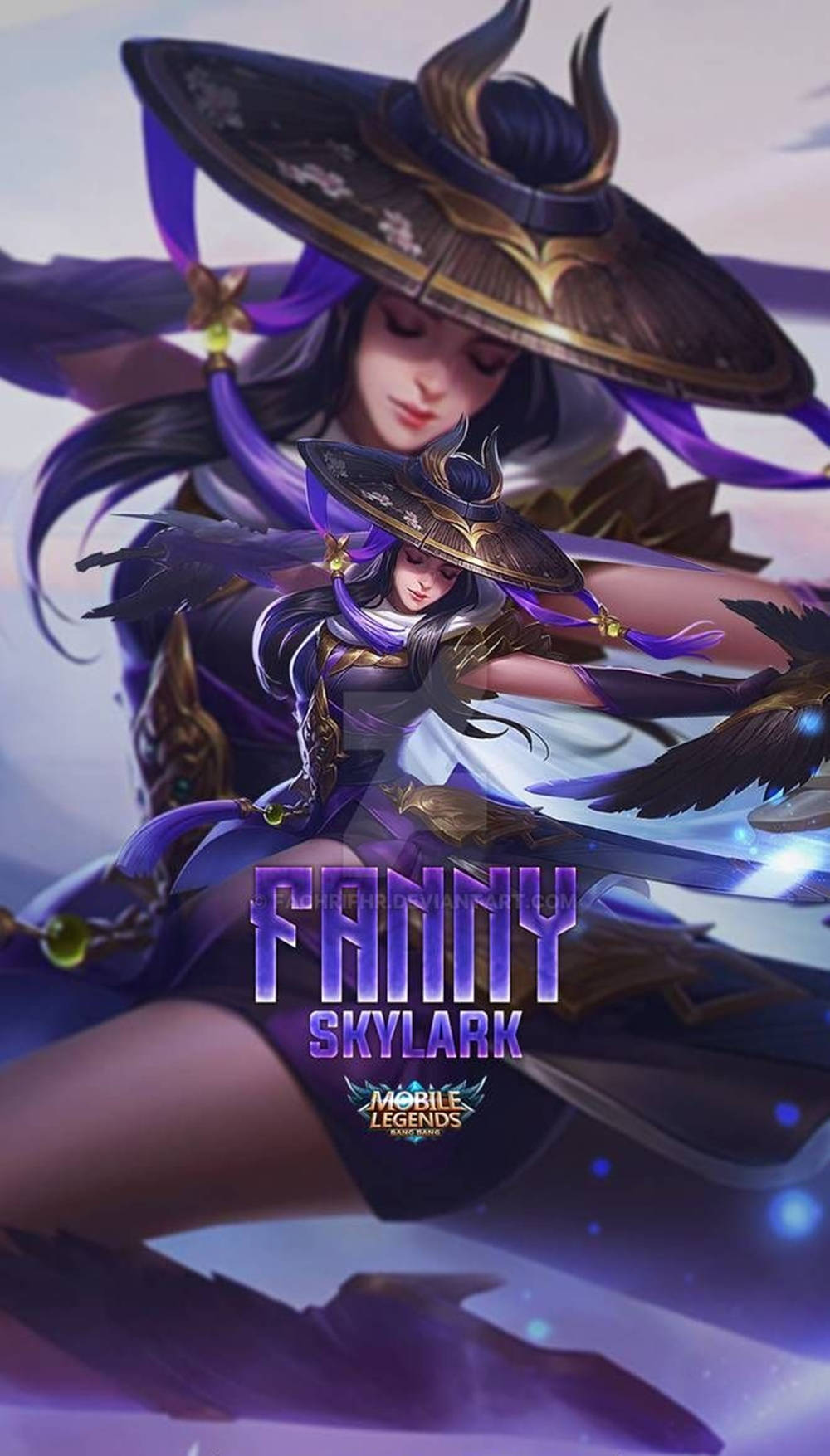 來自《Mobile Legends》的動漫角色 Fanny Skylark，身穿紫色奇幻盔甲，手持發光劍。