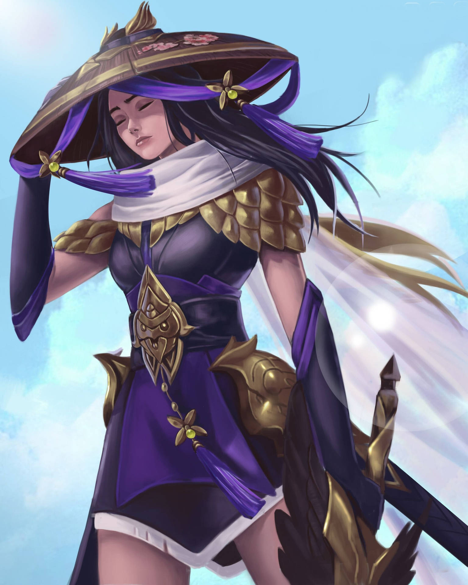 藍天下身穿紫色和金色盔甲的動漫女戰士