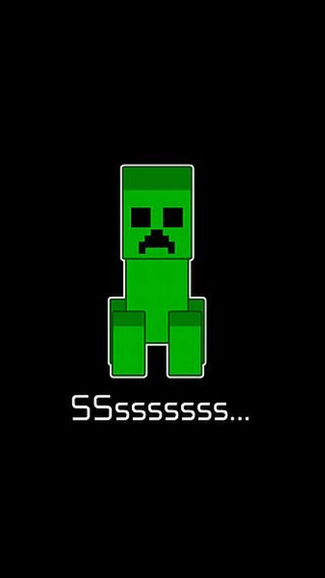 苦力怕聲音像素3 Minecraft背景 壁紙 — 一個來自Minecraft的像素化綠色爬行者站在黑色背景前，下方有嘶嘶聲效果。
