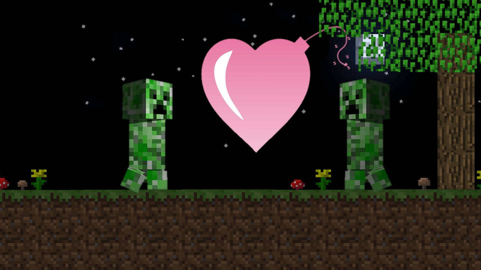 兩個Minecraft爬行者喺星空下面對面，中間有一個粉紅色心形。 — 粉紅色心形動圖 壁紙