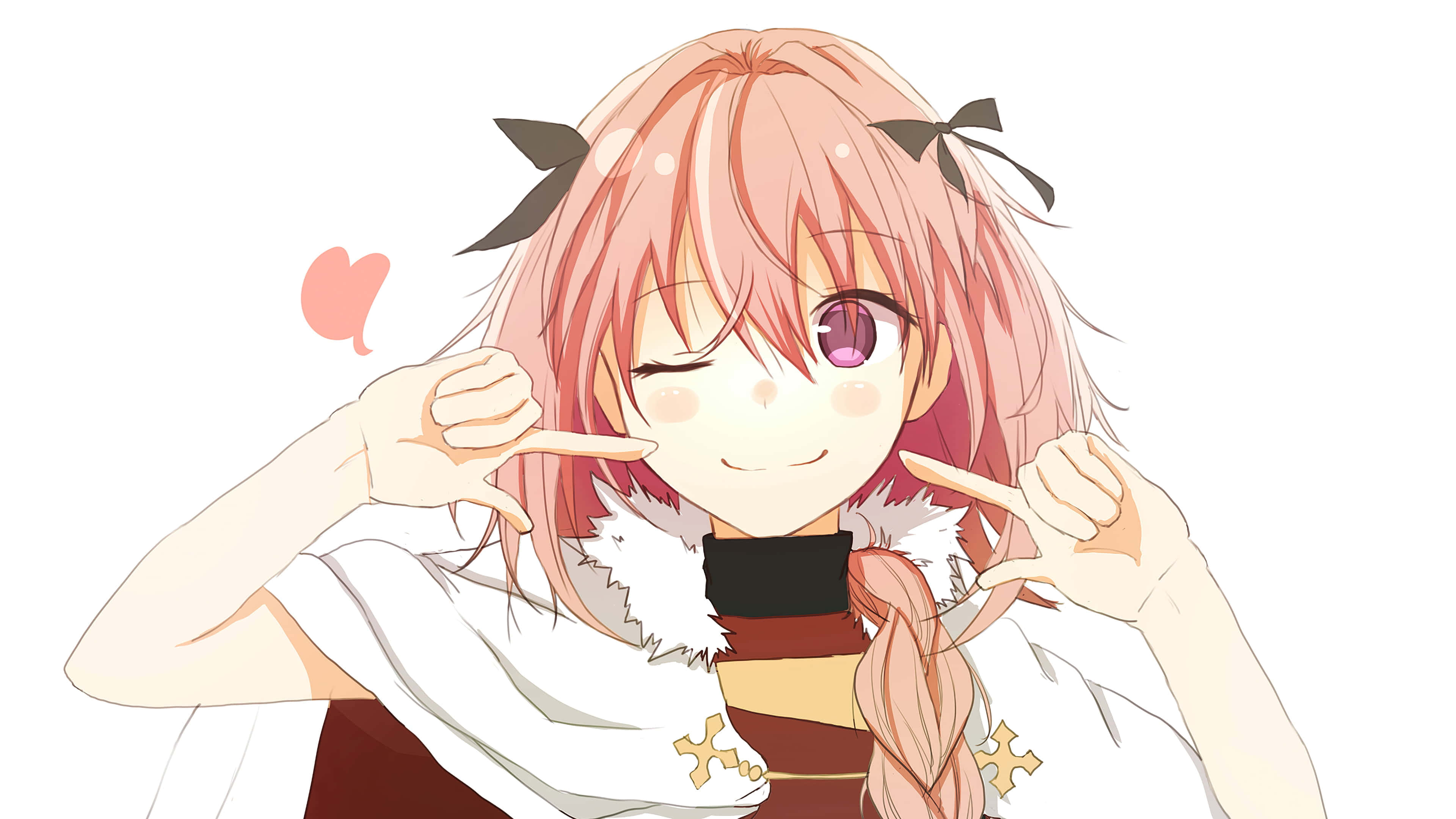 英俊勇敢的騎士——阿斯托爾福 壁紙 — 一個開心的動漫女孩，粉紅色頭髮和蝴蝶結，用拇指框住臉部並眨眼。