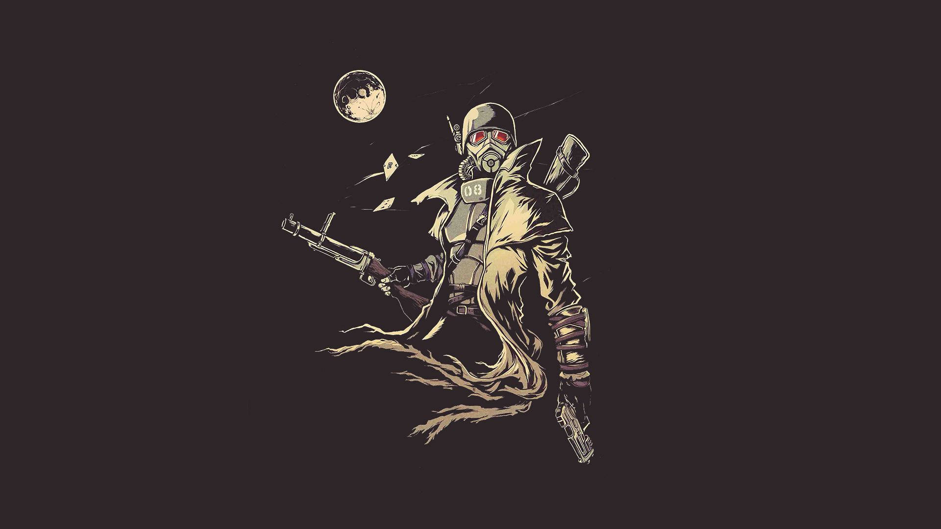 英勇的 NCR 遊騎兵在行動中 壁紙 — 一個風格化的裝甲戰士，擁有發光的紅色眼睛和飄逸的斗篷，站在黑暗的背景前，上方有一輪月亮。